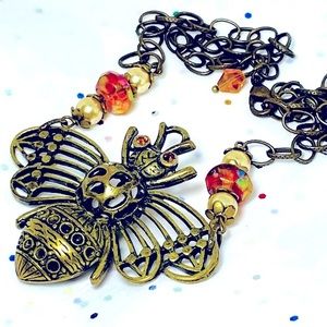 bee necklace vintage glass beads brass bronze metal amber pearl boho vibes